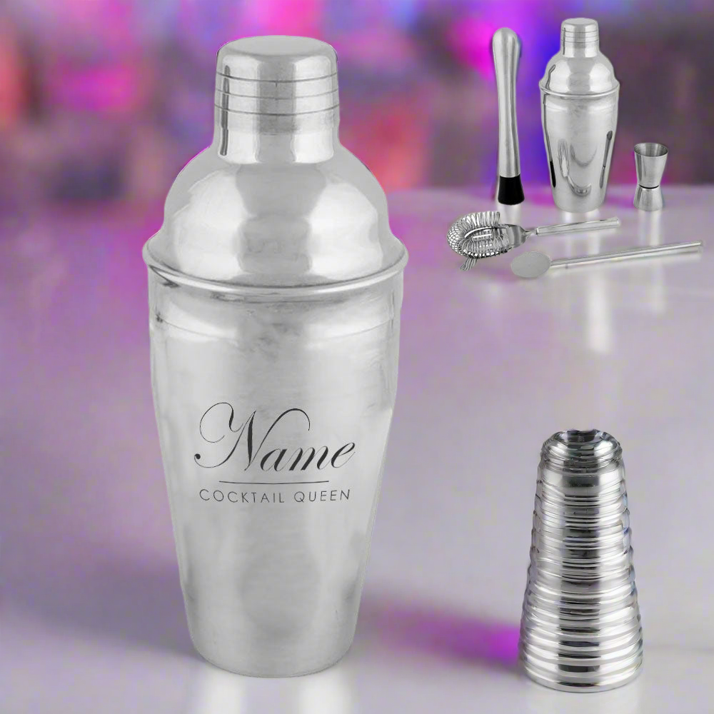 Engraved Cocktail Shaker Set with Cocktail Queen Design