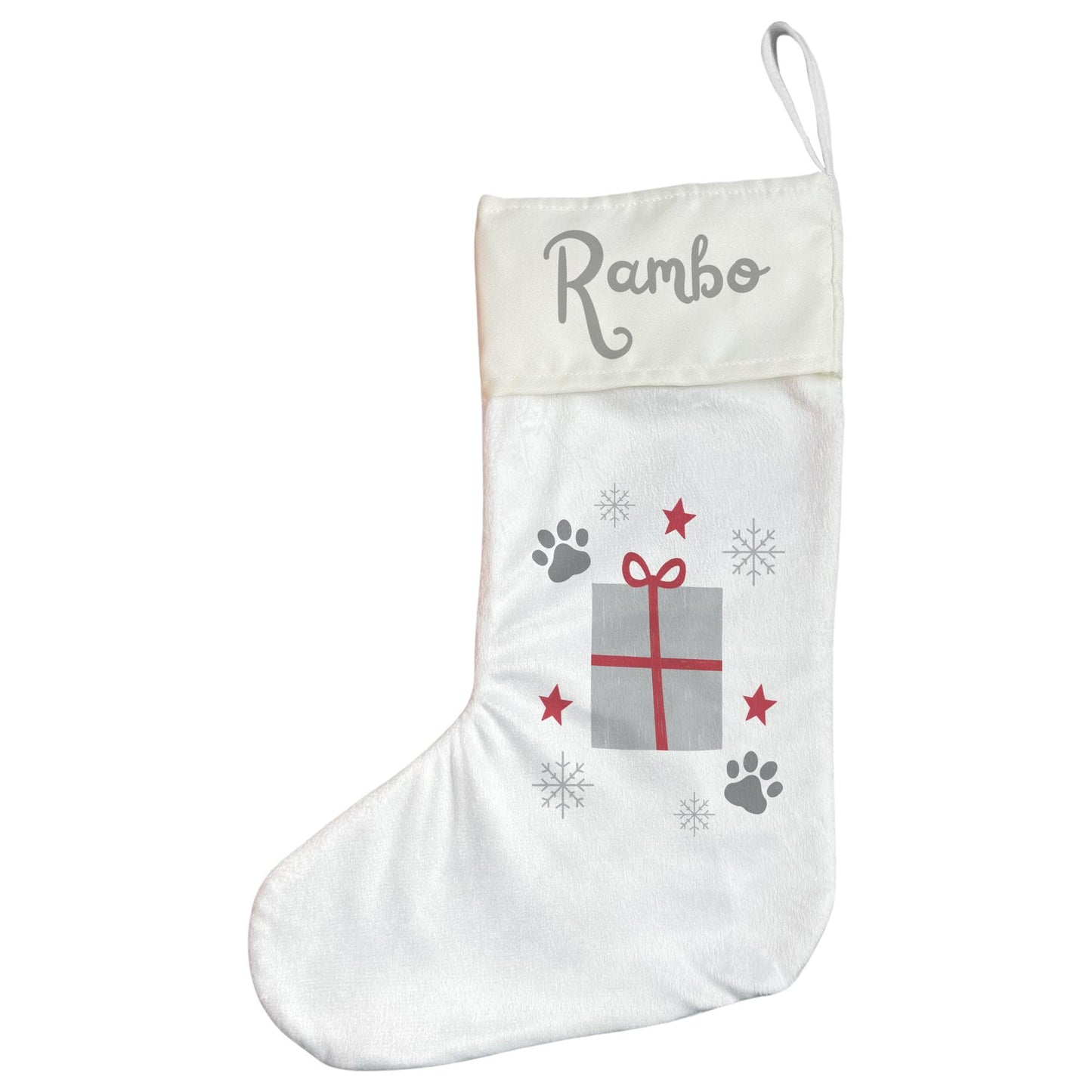 Personalised Pet Christmas Stocking with Paw Prints & Gift Design