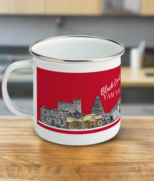 Enamel Mug Black Country Yam Yam Furnace Red