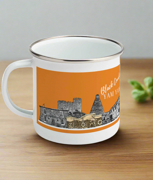 Enamel Mug Black Country Yam Yam Battered Chip Orange